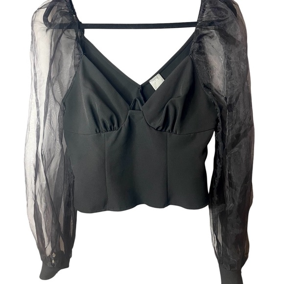 ASOS  Black Crop Top Sheer Organza  Sleeves V Bar Detail Party  SZ 8  EUC - Picture 2 of 8
